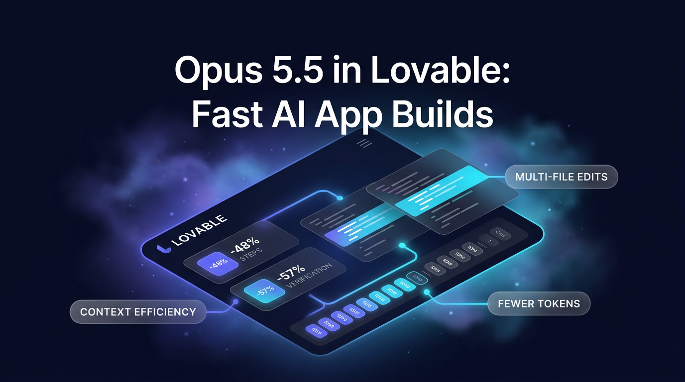 Isometric tech dashboard displaying performance benchmarks and step reduction metrics for Opus 5.5 in Lovable