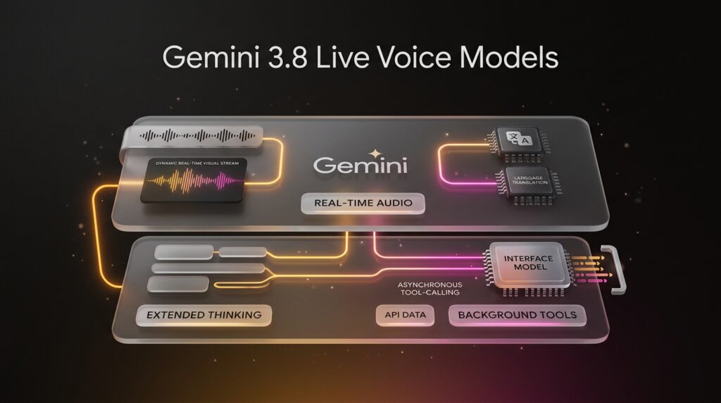 Diagram of Gemini 3.8 Live architecture showing layered real-time audio and extended thinking processing tiers.