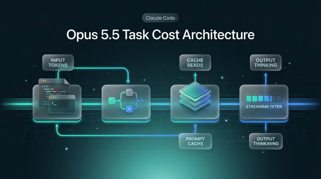 Flowchart showing Claude Code task loop stages and token cost factors for Opus 5.5