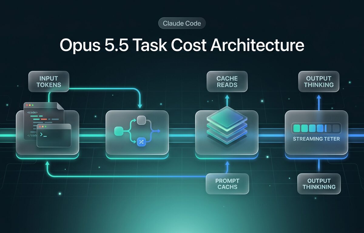 Flowchart showing Claude Code task loop stages and token cost factors for Opus 5.5