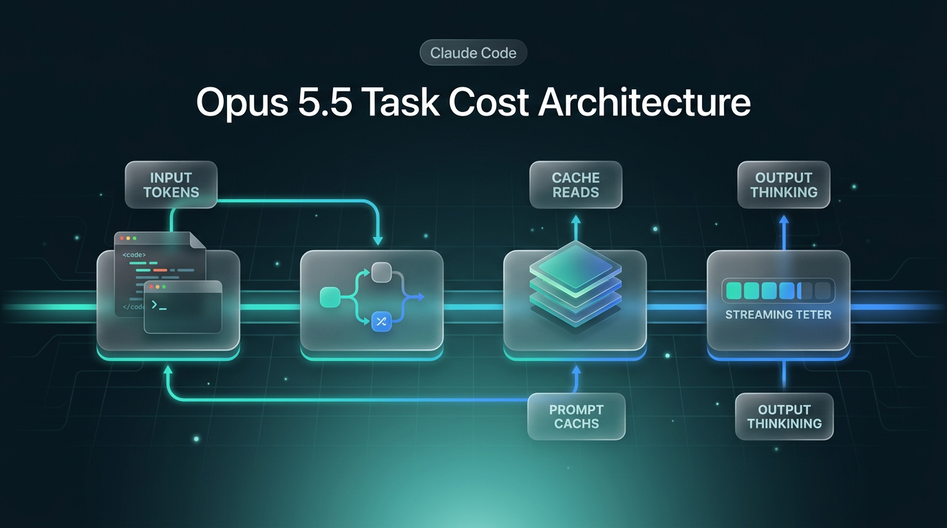 Flowchart showing Claude Code task loop stages and token cost factors for Opus 5.5