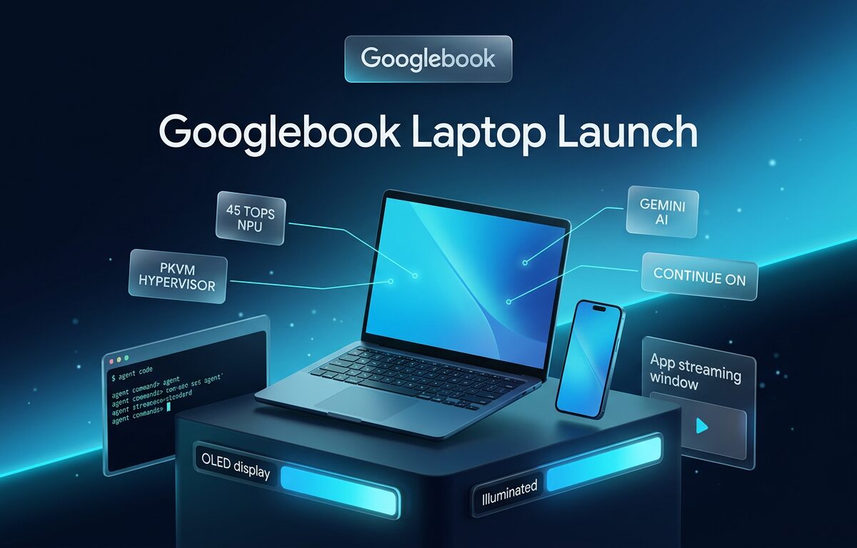 Illustration of the Googlebook laptop showing device continuity and hardware features on a dark sapphire background