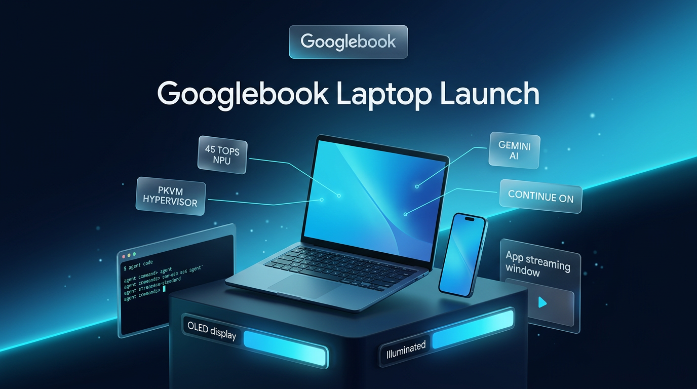 Illustration of the Googlebook laptop showing device continuity and hardware features on a dark sapphire background
