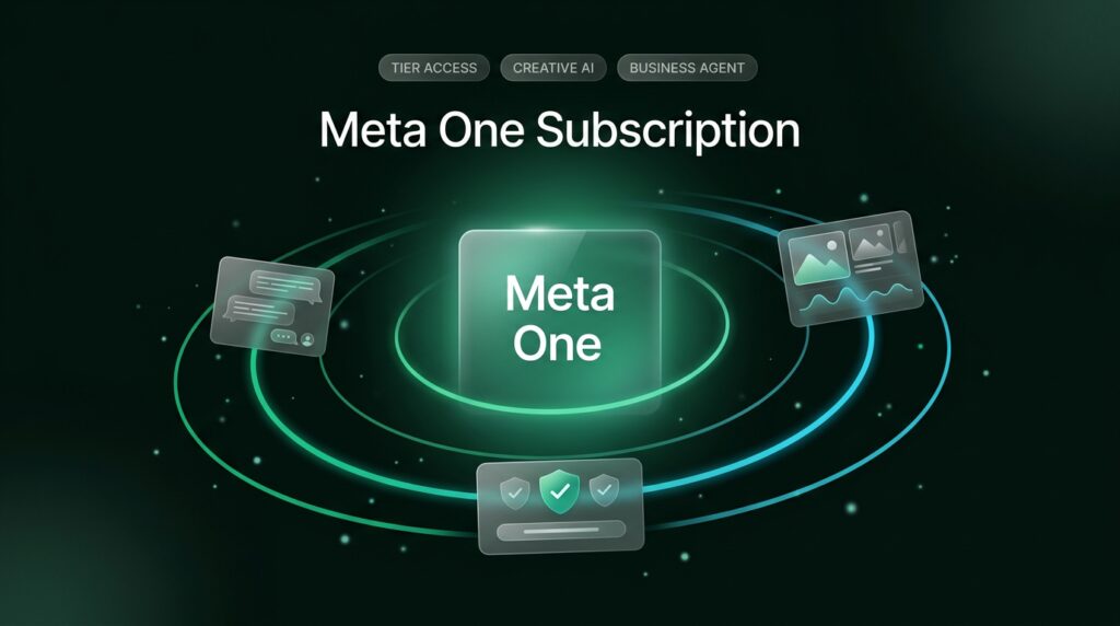 Conceptual graphic of Meta One subscription showing core central hub orbiting with creator AI tools, WhatsApp business features, and tiered analytics.