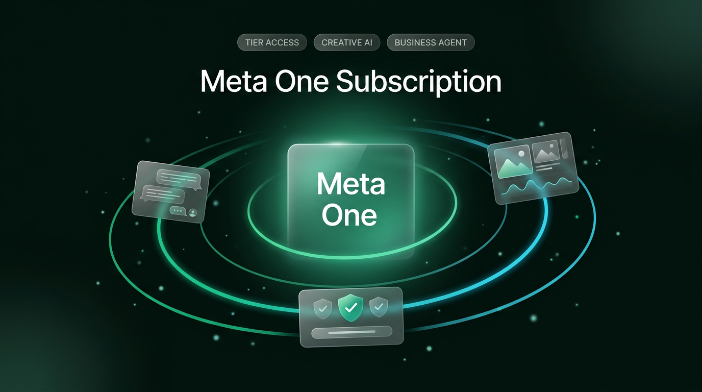 Conceptual graphic of Meta One subscription showing core central hub orbiting with creator AI tools, WhatsApp business features, and tiered analytics.