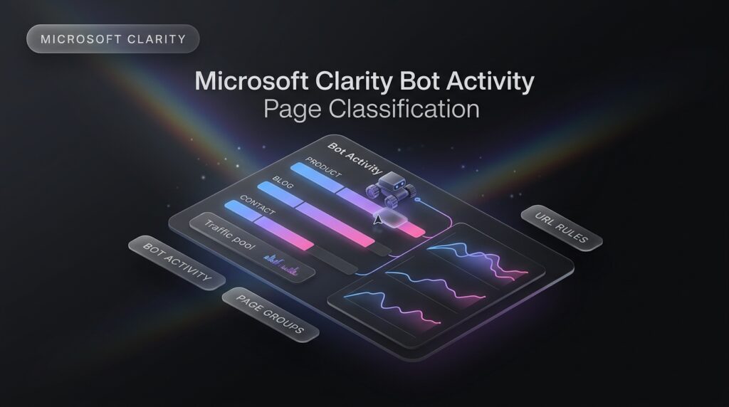 Isometric dark dashboard showing Microsoft Clarity bot activity page classification with categorized URL groups