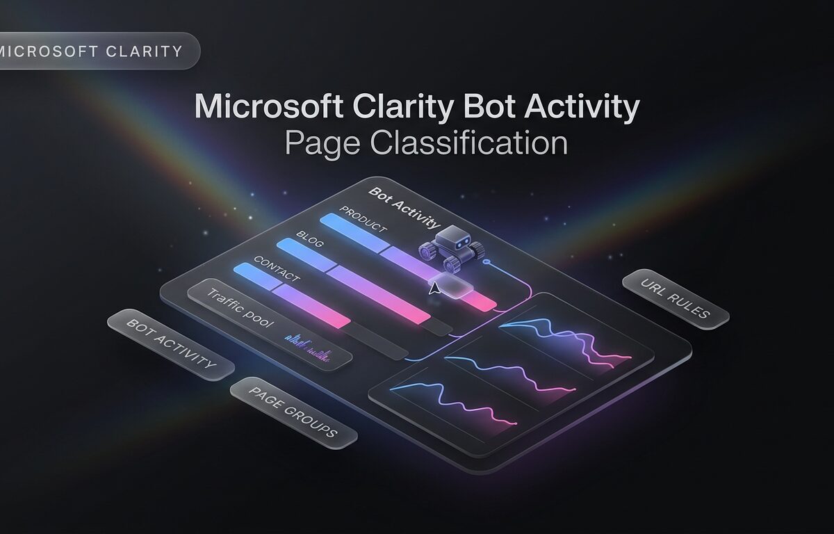 Isometric dark dashboard showing Microsoft Clarity bot activity page classification with categorized URL groups