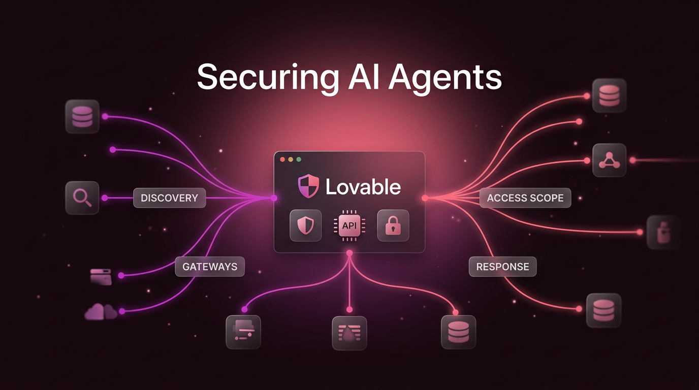 Diagram illustrating securing AI agents with discovery nodes, execution gateways, and identity controls
