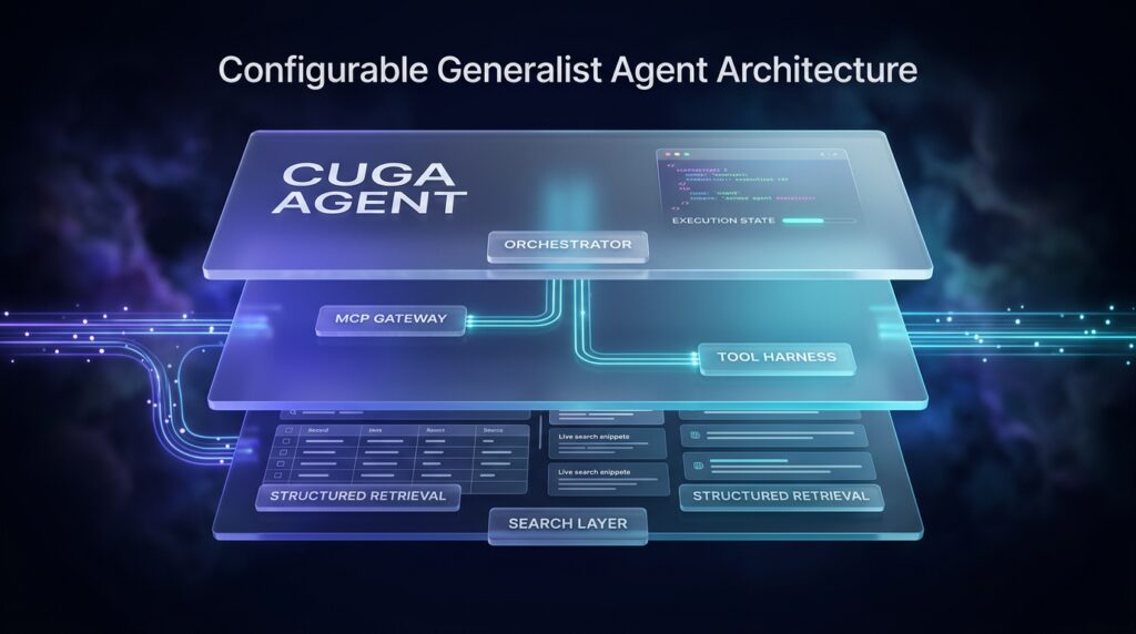 Diagram of a configurable generalist agent showing layered architecture with an orchestrator, MCP tool gateway, and structured retrieval layer.