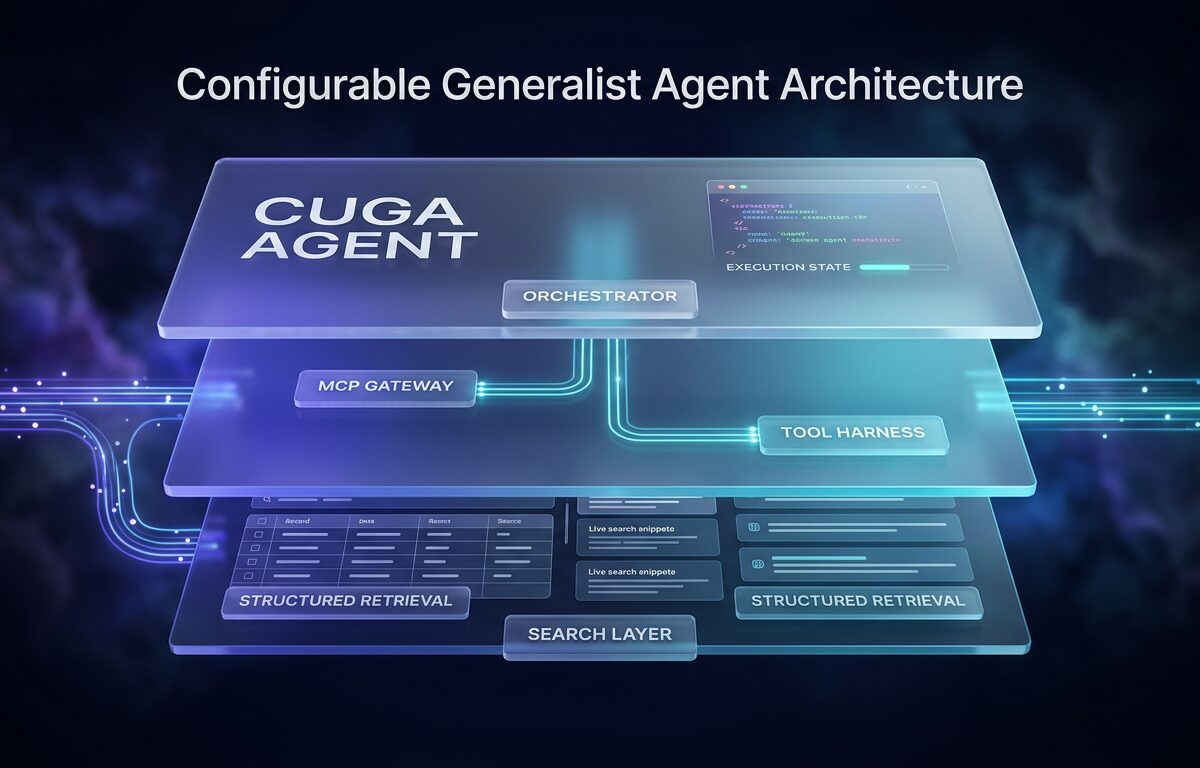 Diagram of a configurable generalist agent showing layered architecture with an orchestrator, MCP tool gateway, and structured retrieval layer.