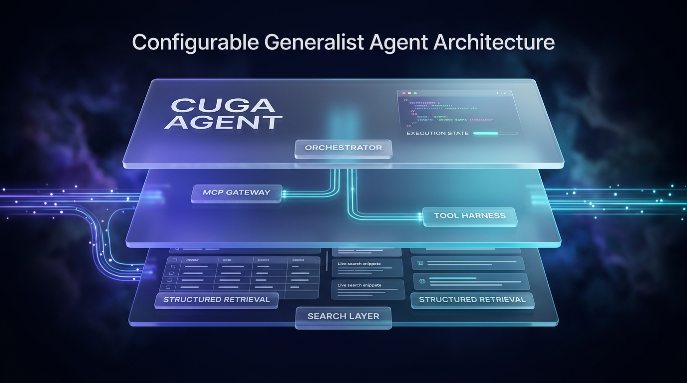 Diagram of a configurable generalist agent showing layered architecture with an orchestrator, MCP tool gateway, and structured retrieval layer.
