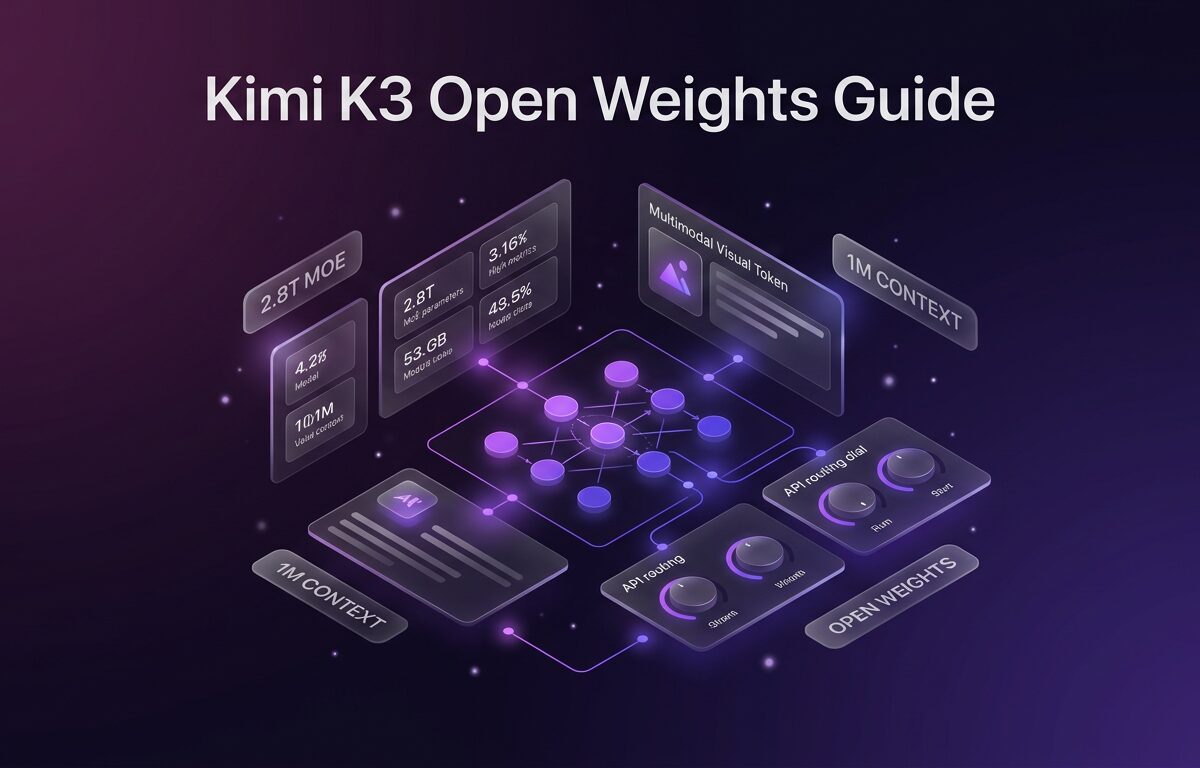 Isometric dark plum and purple interface displaying Kimi K3 open weights metrics, architecture specs, and OpenRouter API configurations
