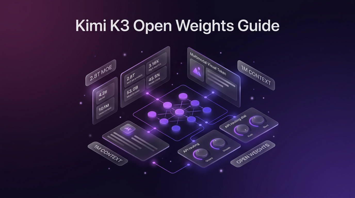 Isometric dark plum and purple interface displaying Kimi K3 open weights metrics, architecture specs, and OpenRouter API configurations
