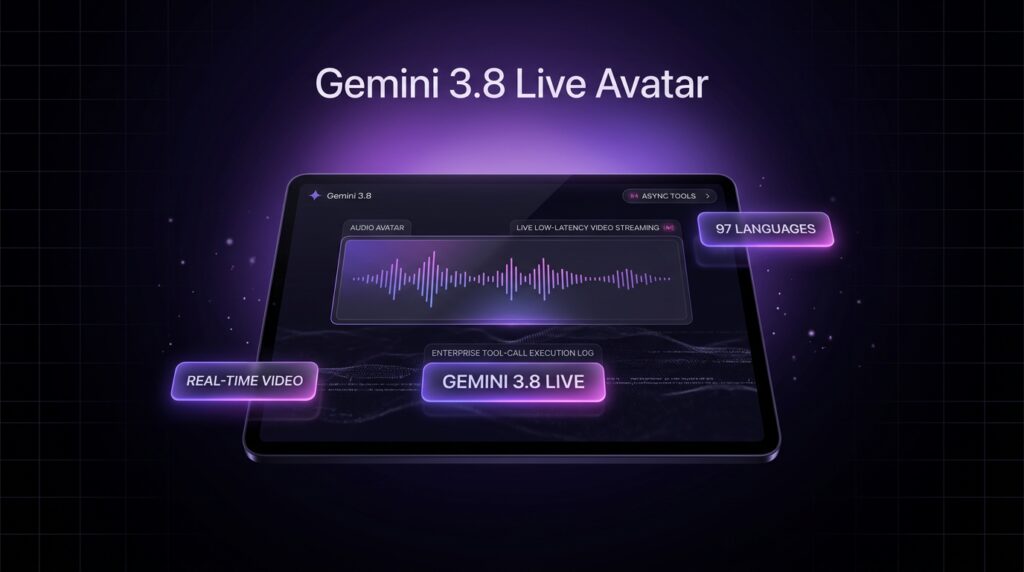 Gemini 3.8 Live Avatar enterprise interface illustration featuring real-time streaming video controls, multilingual sync, and asynchronous tool execution on dark violet glass panels.