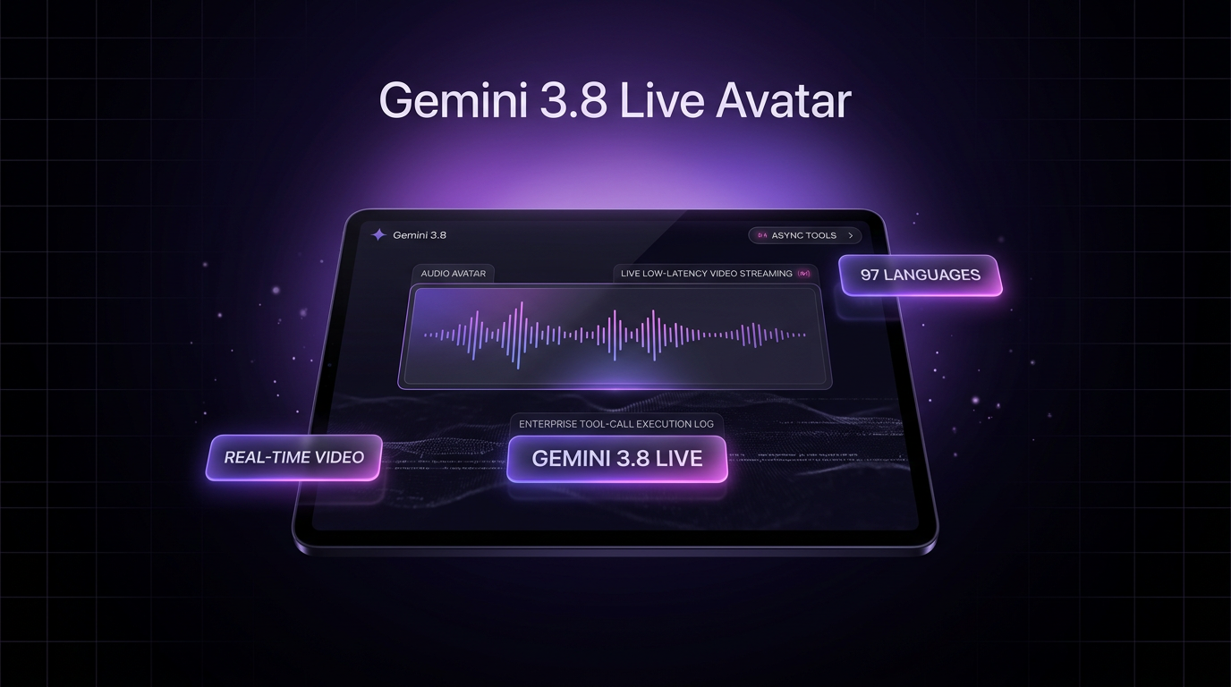 Gemini 3.8 Live Avatar enterprise interface illustration featuring real-time streaming video controls, multilingual sync, and asynchronous tool execution on dark violet glass panels.