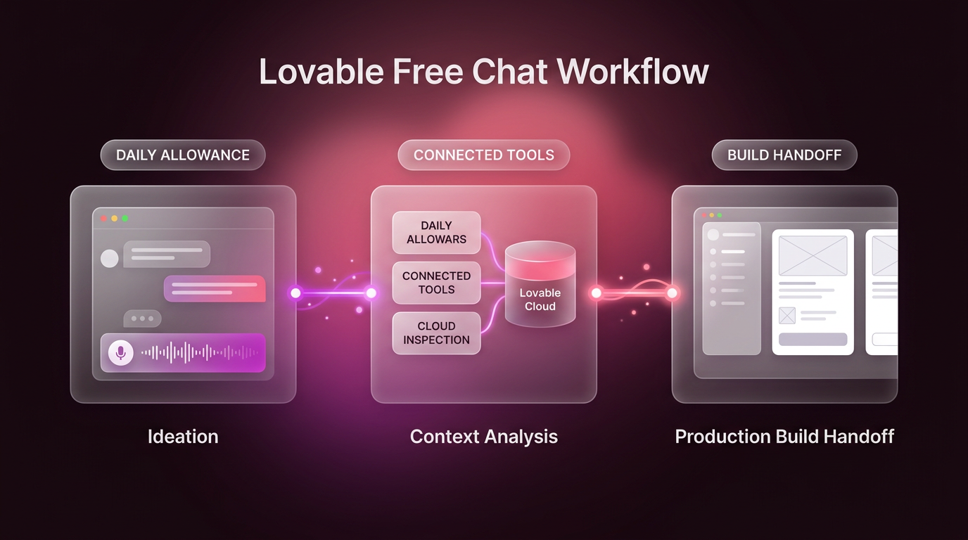 Lovable Free Chat Workflow diagram displaying conversational planning stages, database inspection, and build handoff