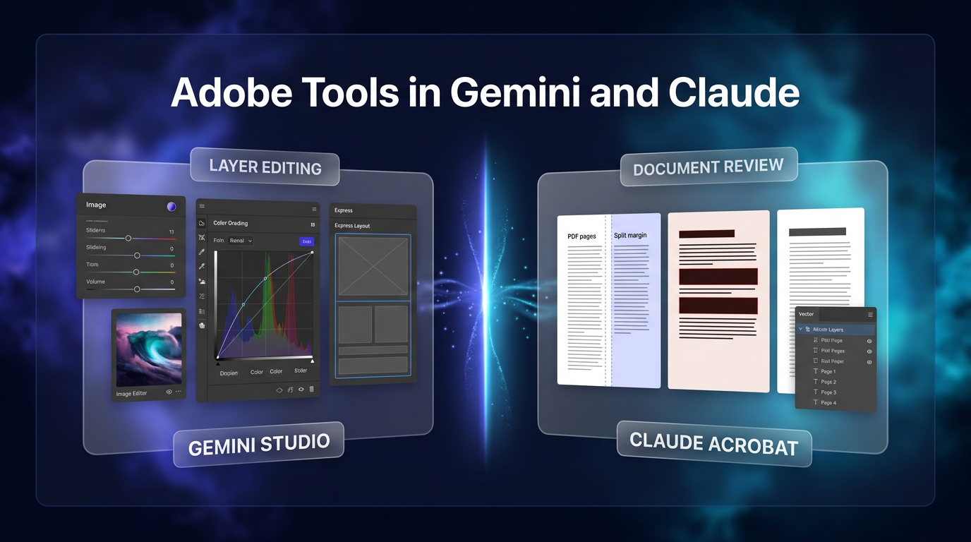 Split editorial illustration contrasting Adobe tools in Google Gemini with Adobe Acrobat editing features in Claude against a dark indigo nebula background