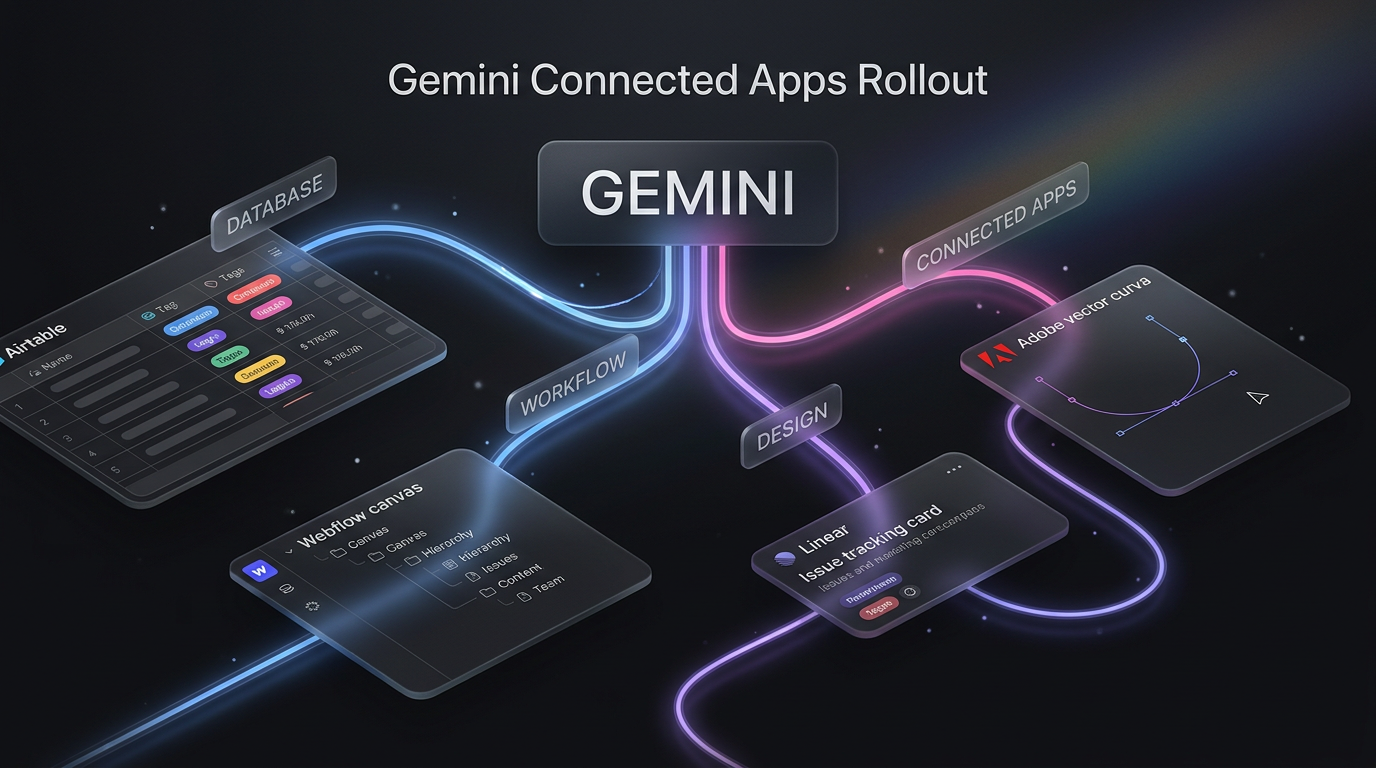 Gemini connected apps network diagram showing third-party integrations with Airtable, Webflow, and Linear on a dark graphite background