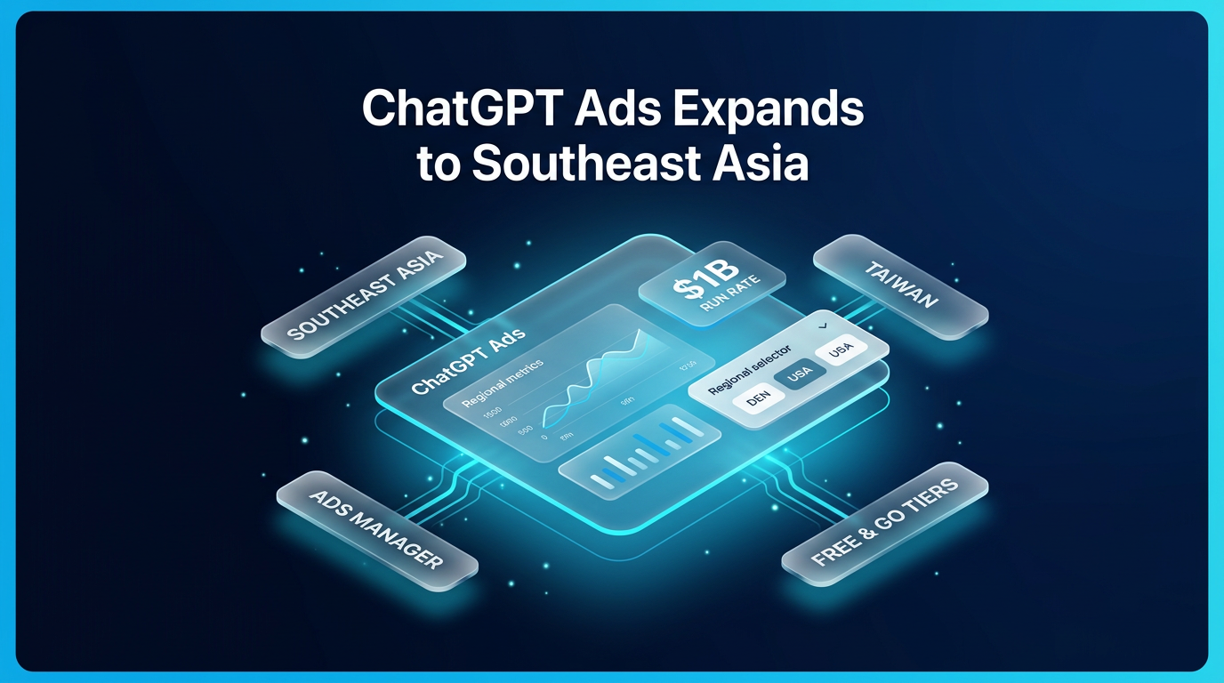 Isometric dashboard illustration representing ChatGPT Ads rollout across Southeast Asia and Taiwan with performance metrics and platform controls.