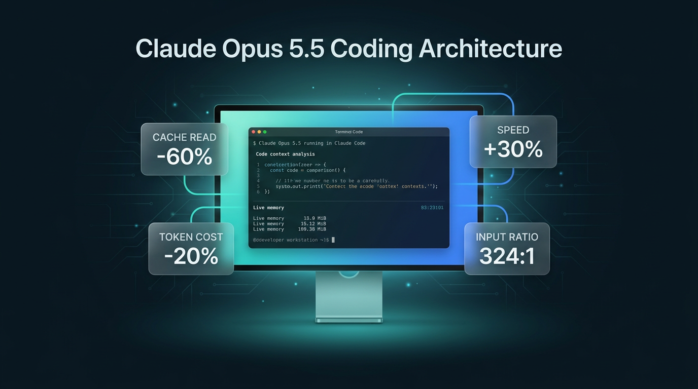 Claude Opus 5.5 developer terminal interface showing cached context statistics and reduced token costs on a dark Cyber Teal background