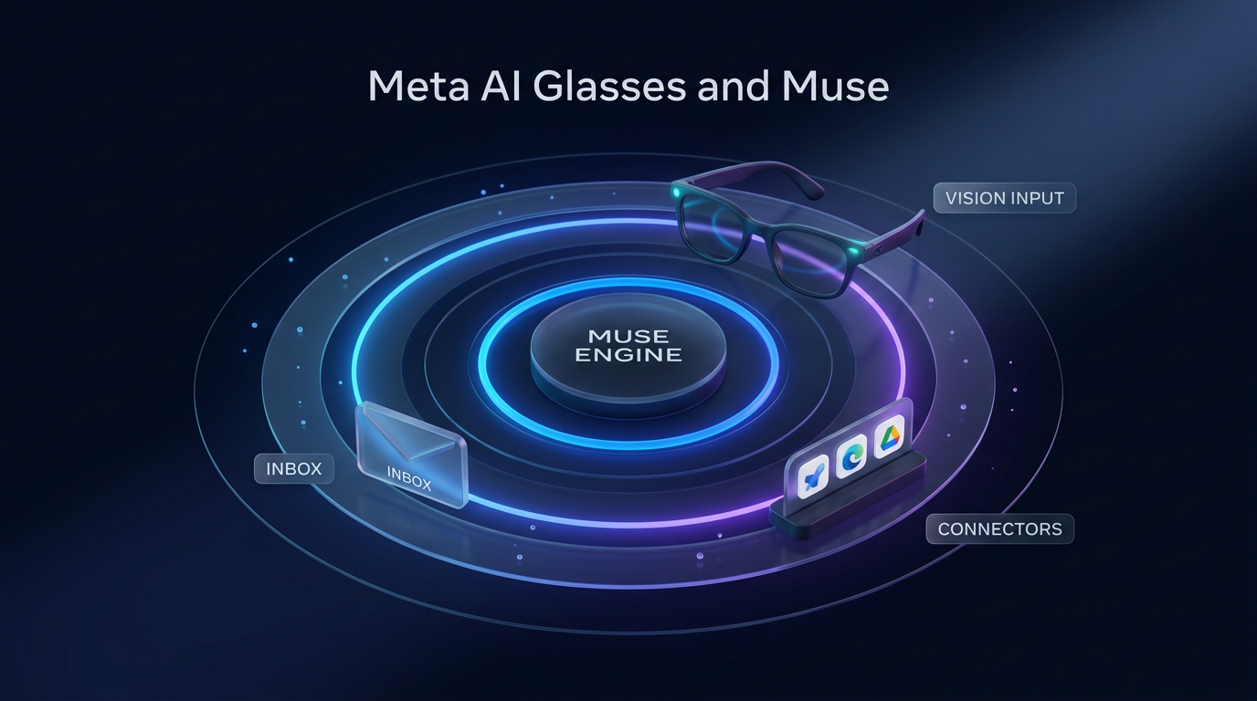 Meta AI glasses and Muse agent architecture showing connected tools and voice features