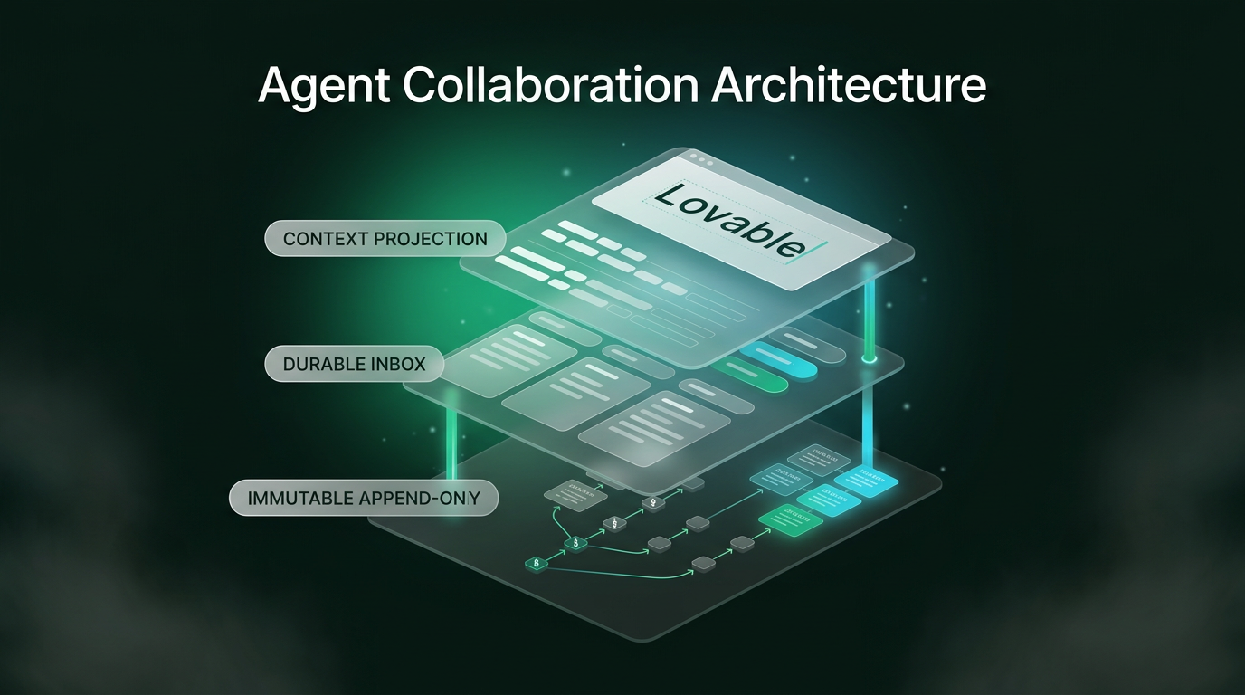 Layered architectural diagram illustrating agent collaboration architecture with immutable trajectories, message inboxes, and model context projections