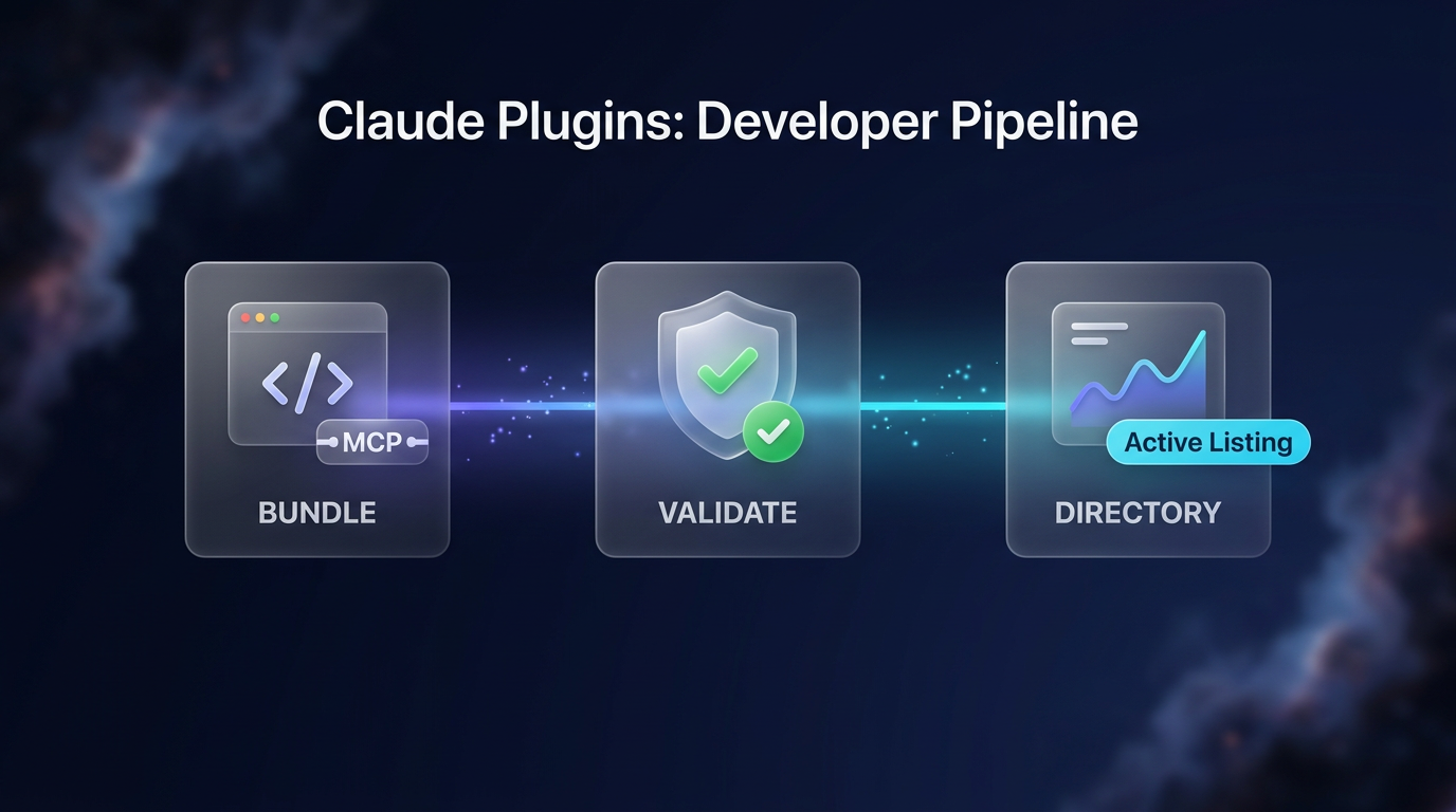 Horizontal flowchart diagram showing the validation, review, and directory publishing steps for Claude plugins against a dark indigo nebula background.