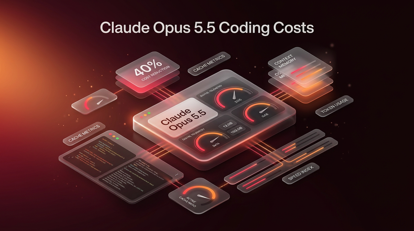 Isometric dark dashboard displaying Claude Opus 5.5 token metrics, cache analytics, and cost reduction data.