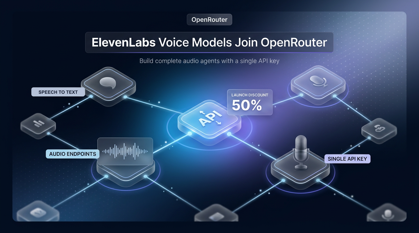 ElevenLabs on OpenRouter: ElevenLabs voice and transcription models join OpenRouter with audio endpoints, a single API key and a 50% launch discount