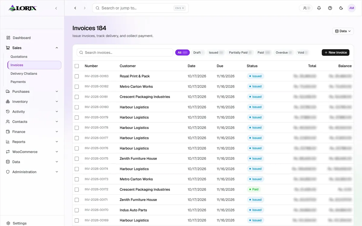 LORIX invoice list with demo data