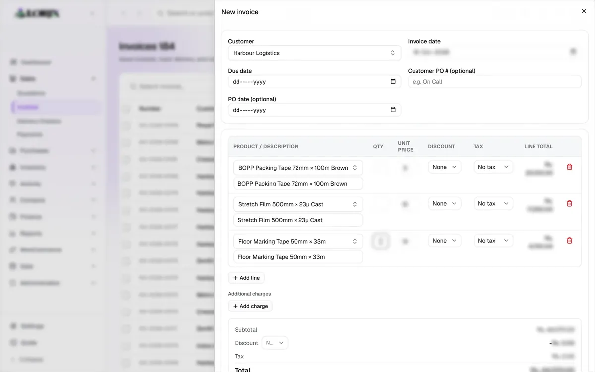 LORIX new invoice form filled with demo data