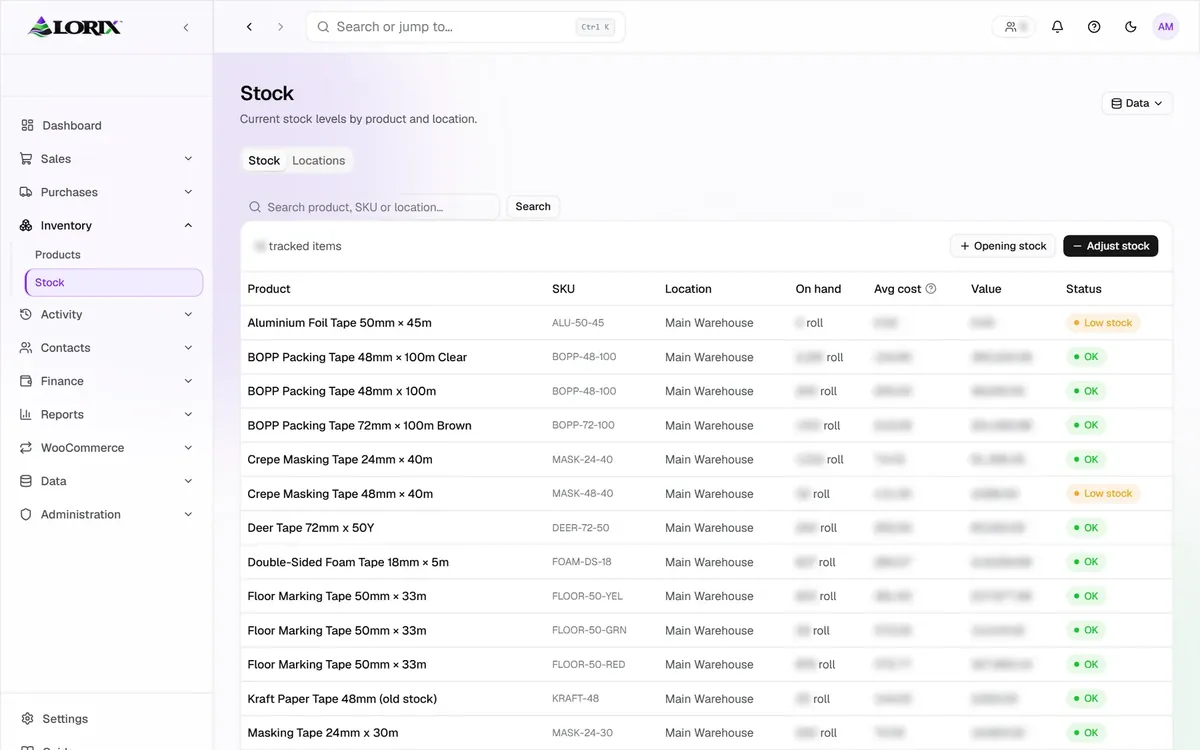 LORIX stock levels screen with demo data
