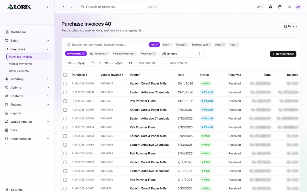 LORIX supplier purchase invoices list with demo data