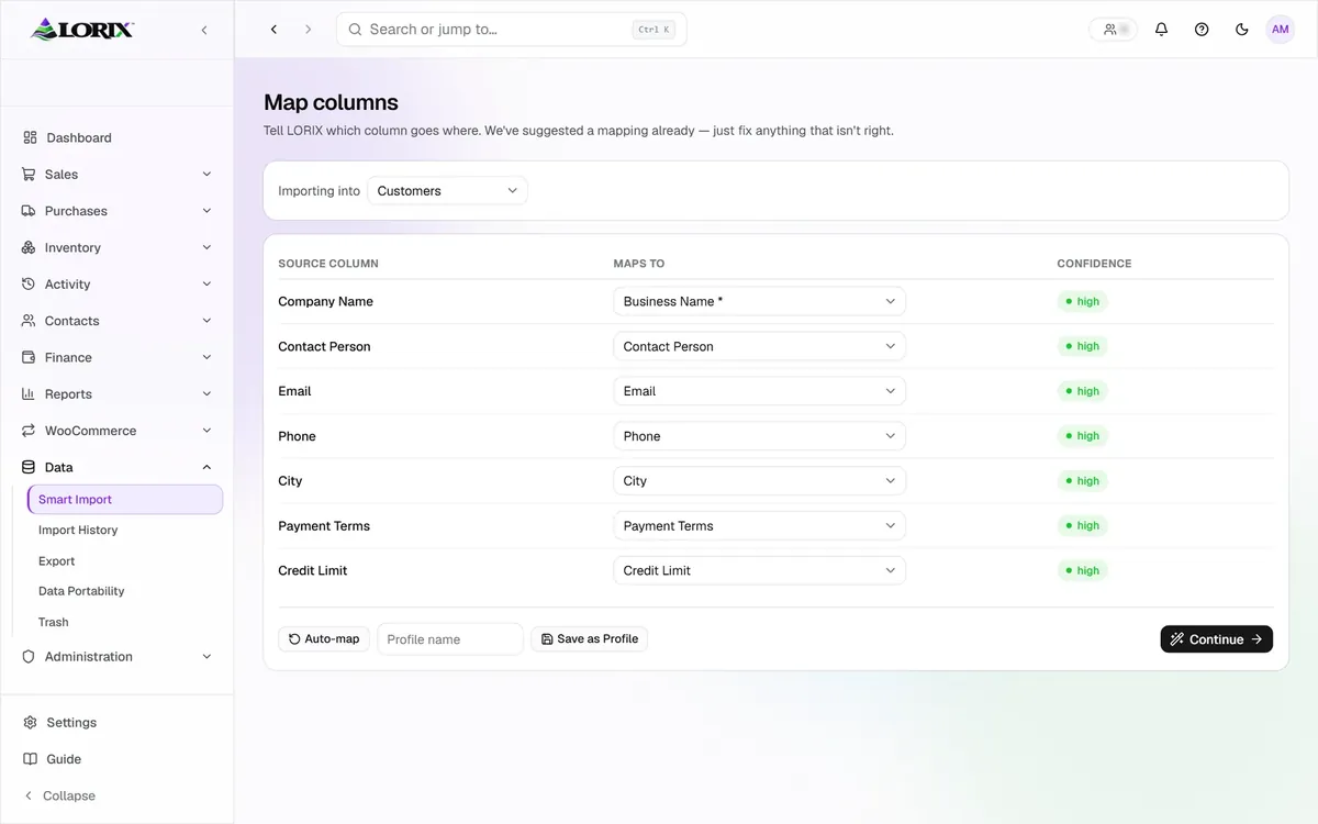 LORIX Smart Import column mapping screen