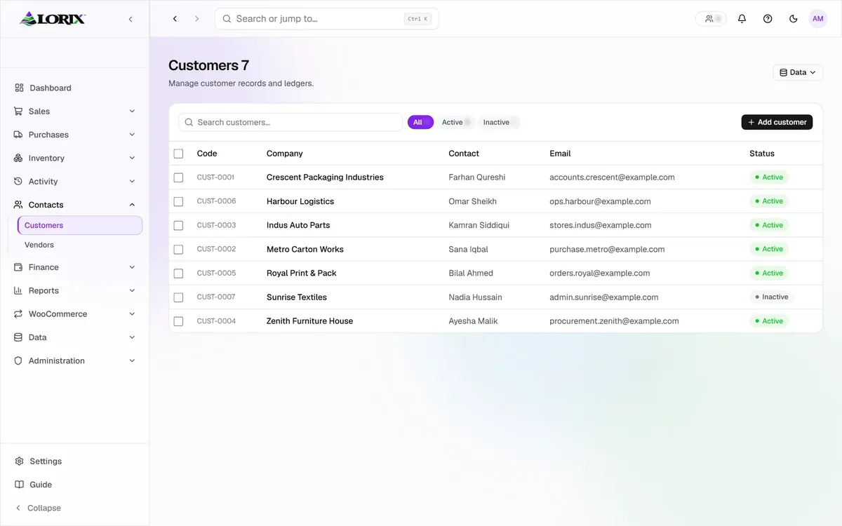 LORIX customers list with demo data