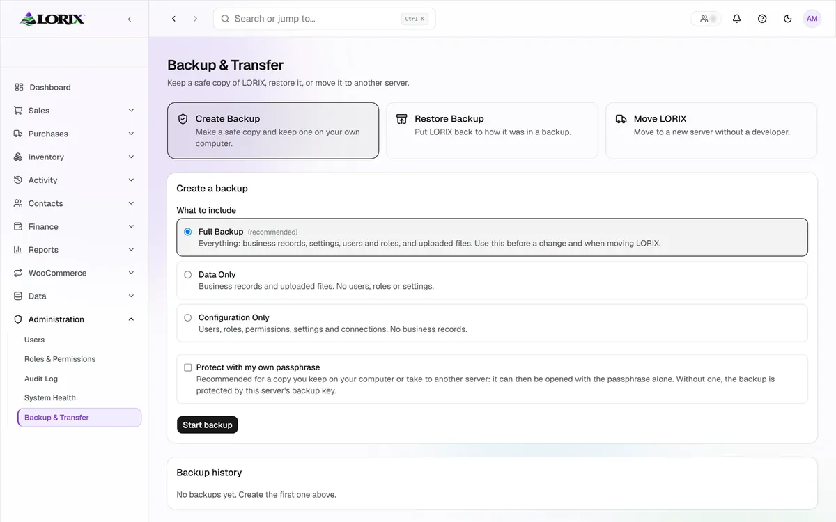 LORIX backup and transfer screen