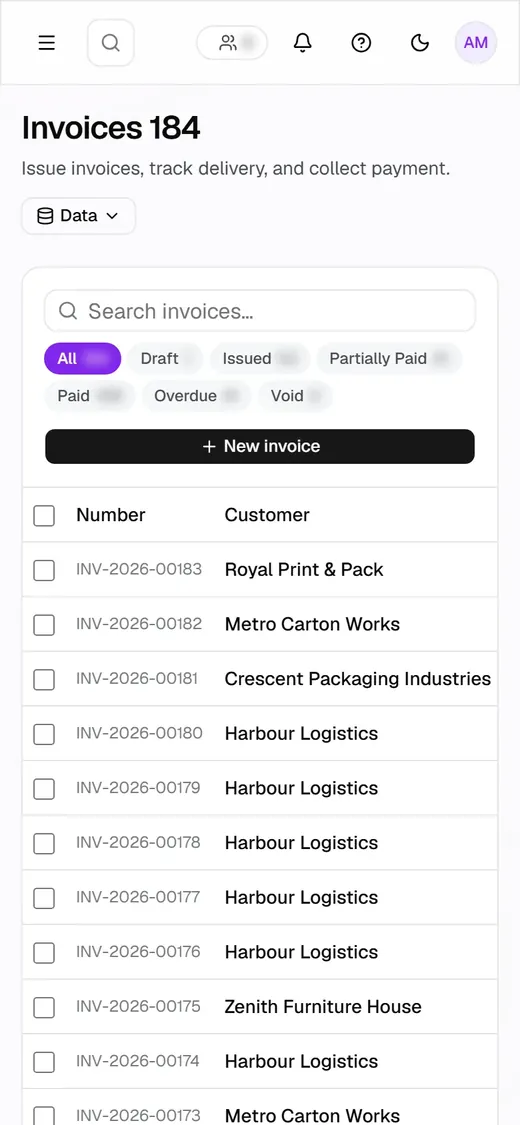 LORIX invoice list on a phone, demo data