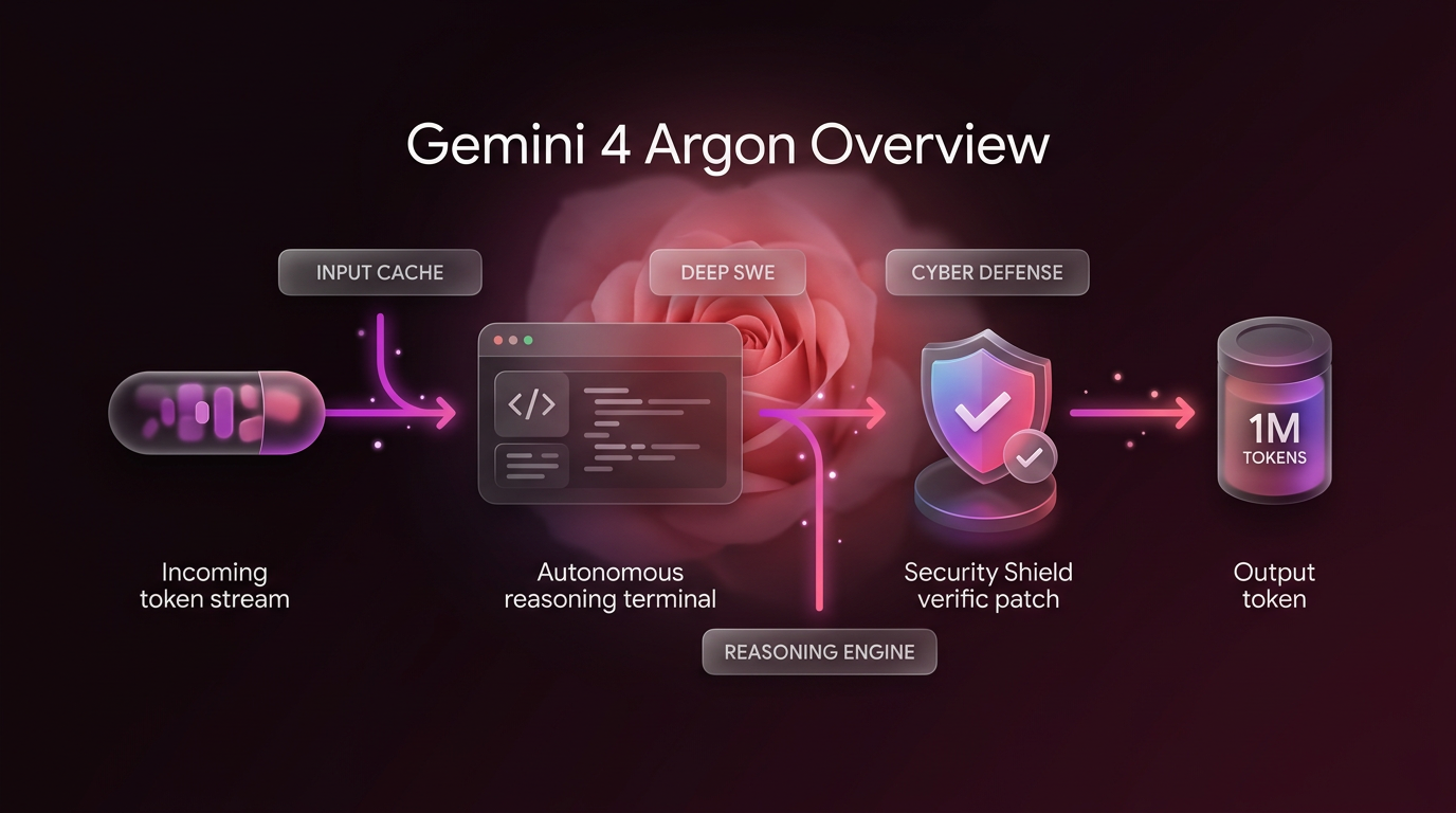 Gemini 4 Argon horizontal workflow illustration showing token input, deep reasoning code terminal, and security patch verification on a dark plum background