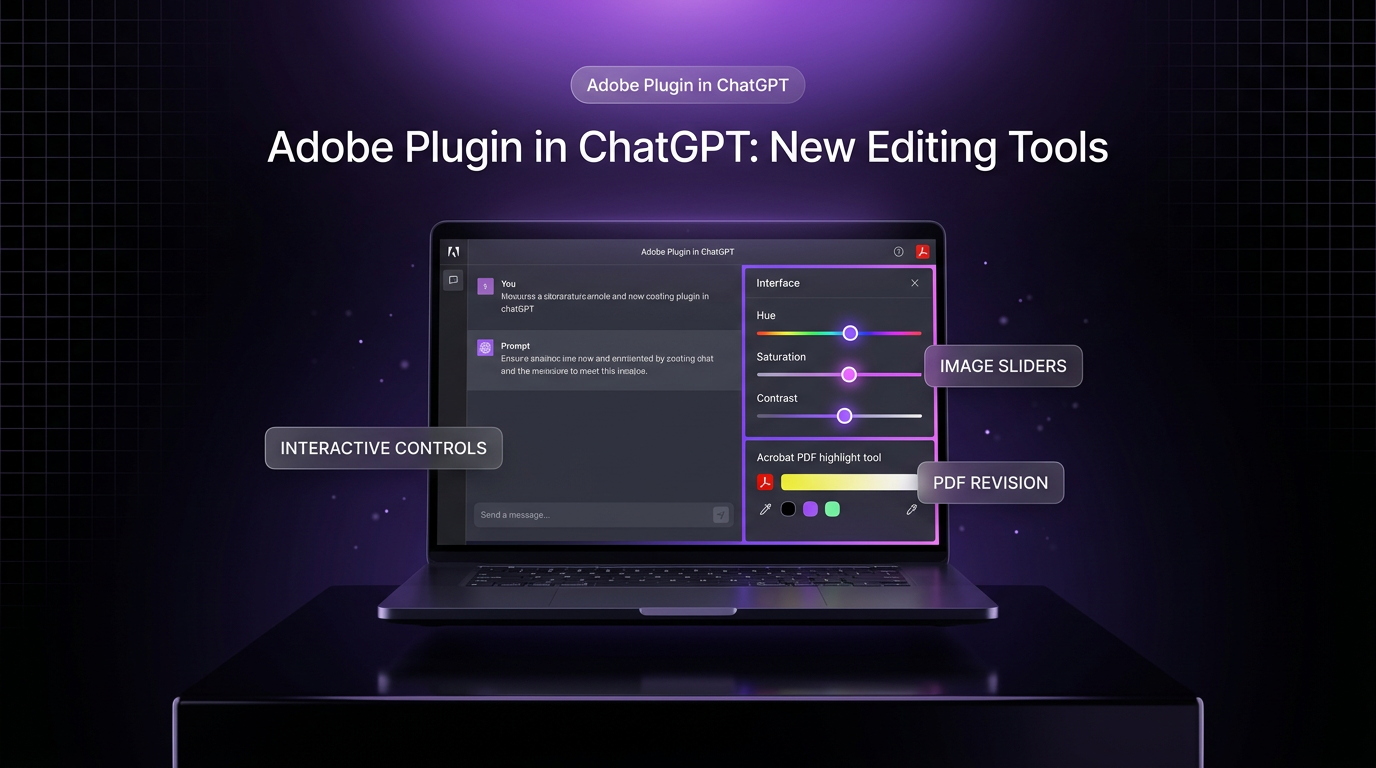 Adobe plugin in ChatGPT interactive editing controls for images and PDFs displayed on a sleek laptop interface