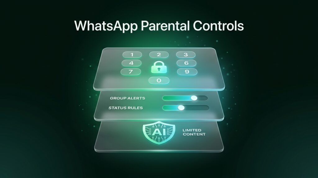 Layered dark emerald glass interface depicting WhatsApp parental controls with security PIN, group alerts, and AI content filters