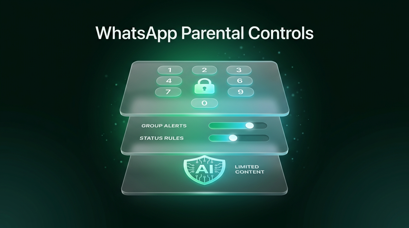 Layered dark emerald glass interface depicting WhatsApp parental controls with security PIN, group alerts, and AI content filters