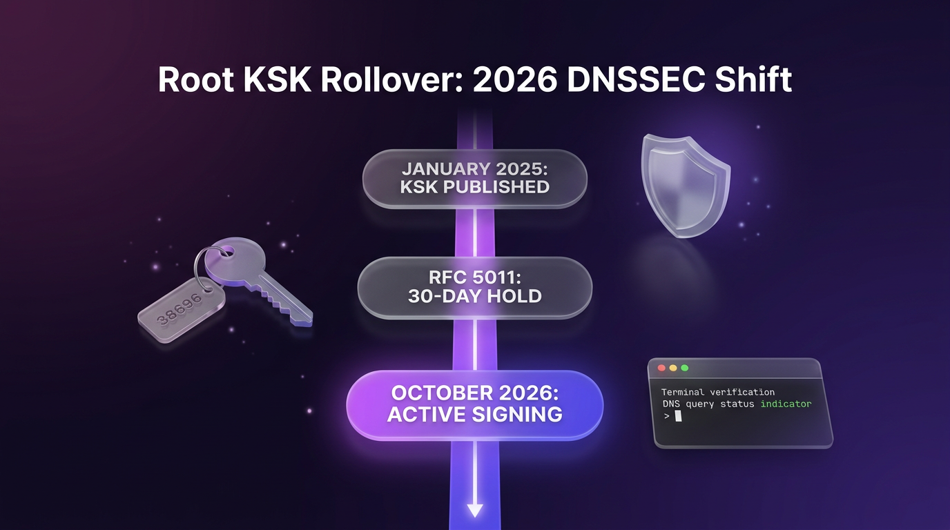 Editorial graphic showing the 2026 root KSK rollover timeline and DNSSEC cryptographic keys