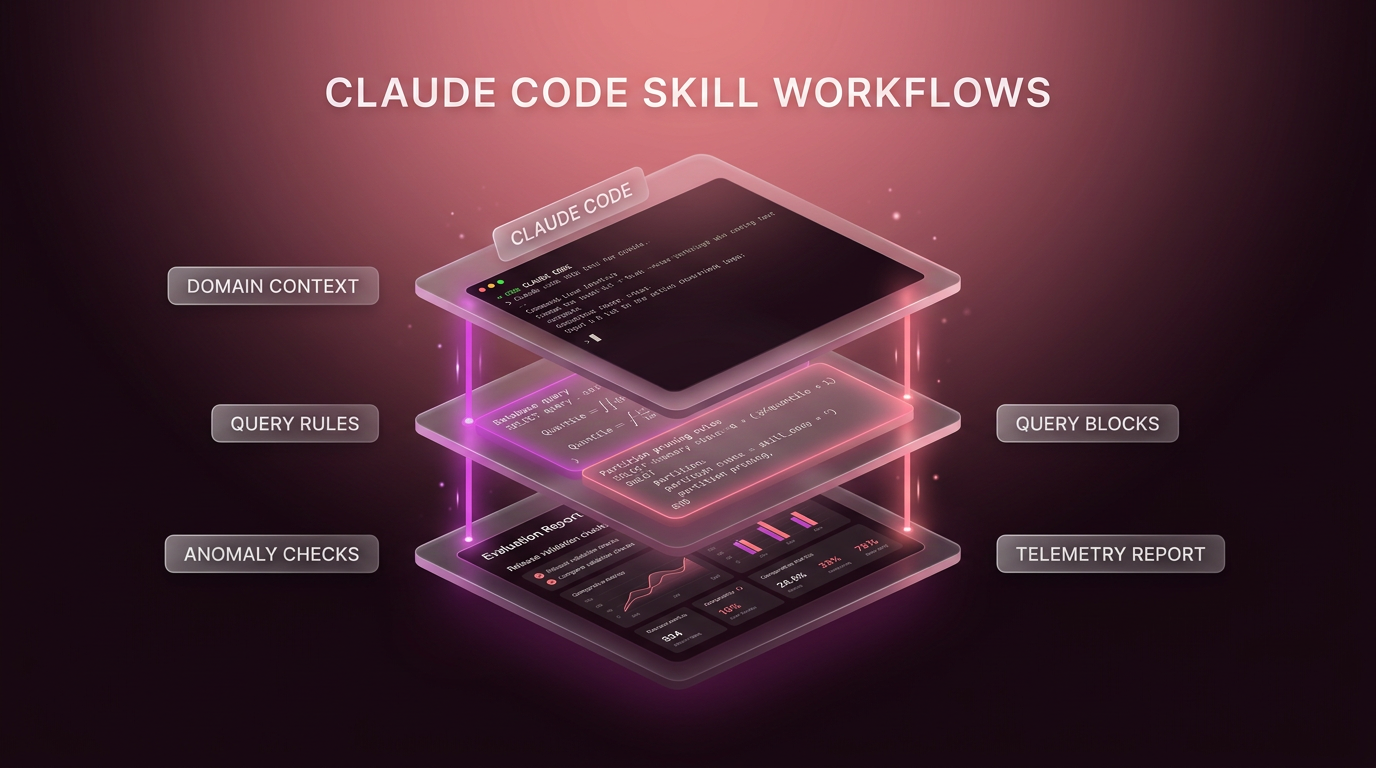 Layered stack diagram of a Claude Code skill architecture showing terminal input, database query rules, and release evaluation reports