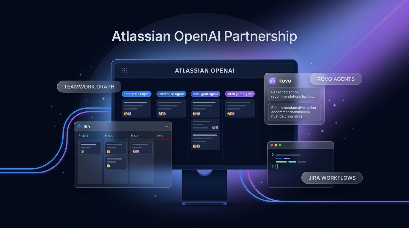 Dark tech interface illustration highlighting the Atlassian OpenAI partnership with Jira tasks and Rovo agent cards