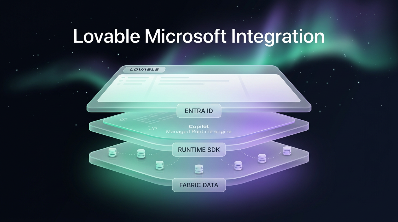 Layered architectural diagram showing the Lovable Microsoft integration with Copilot Managed Runtime and Entra ID on a dark background