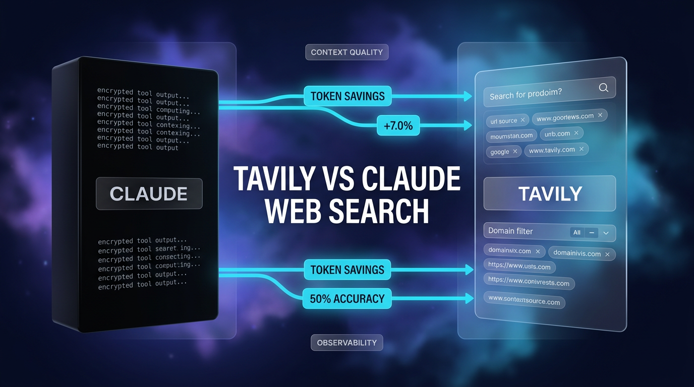 Tavily vs Claude web search architecture comparison illustration showing token efficiency, observability, and context quality
