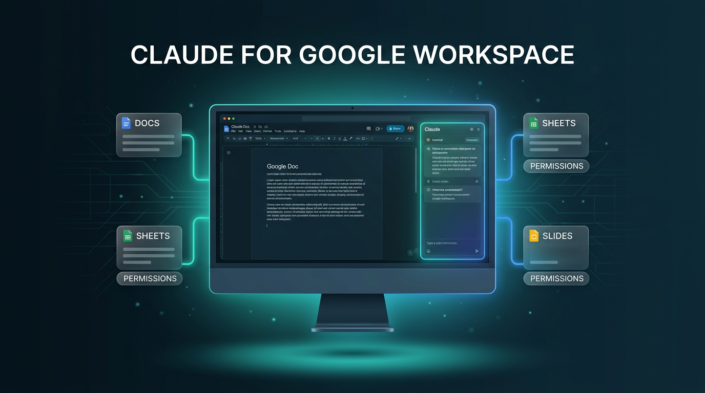 Dark modern illustration highlighting Claude for Google Workspace sidebar and connectors in Docs, Sheets, and Slides.