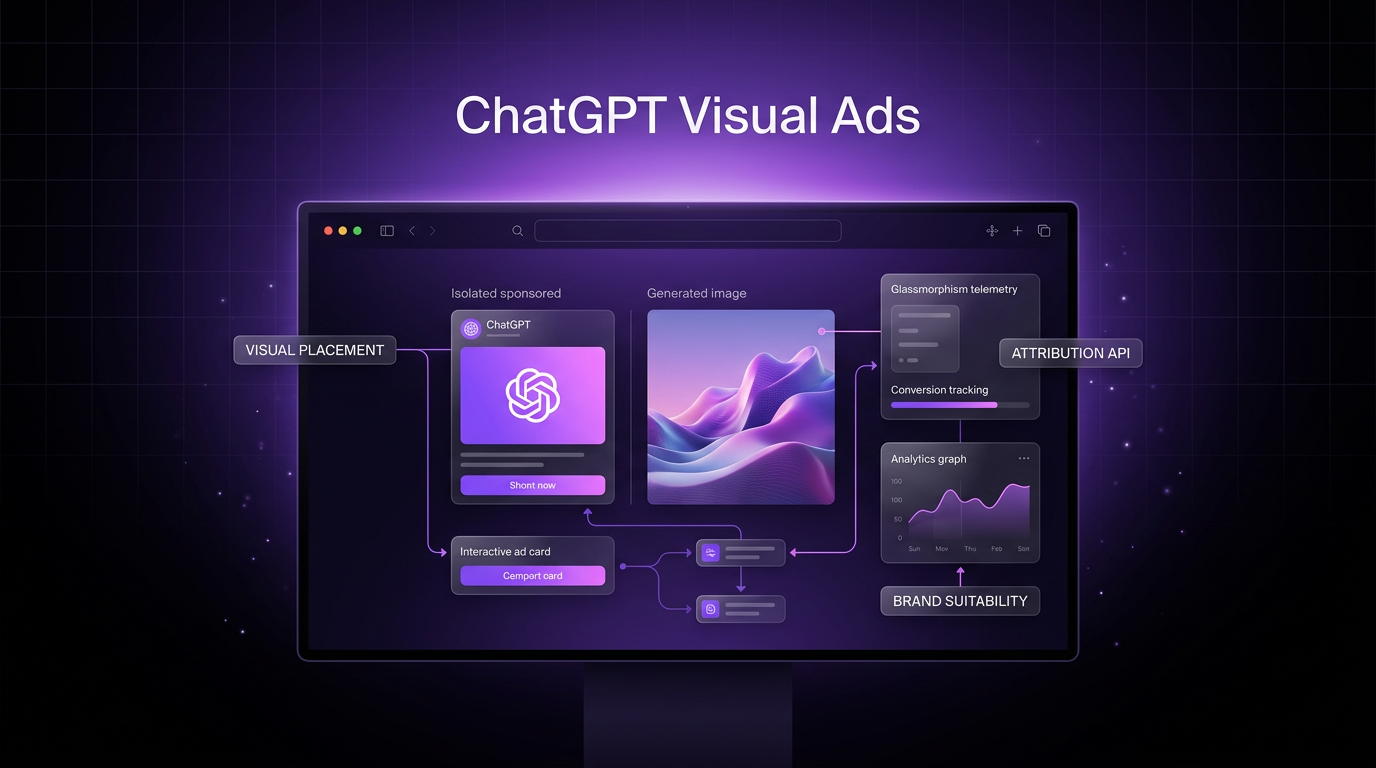 ChatGPT visual ads interface preview showing visual placements and attribution analytics