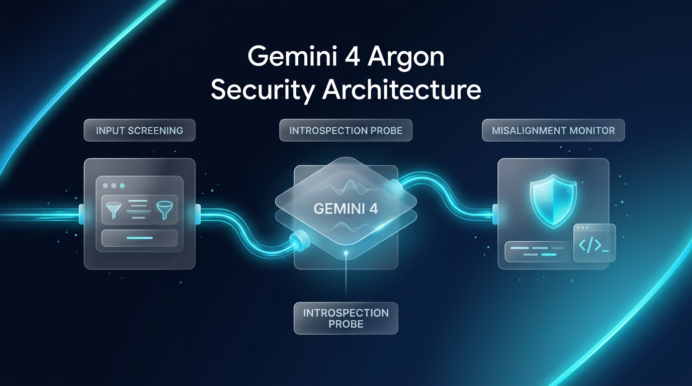 Gemini 4 Argon security architecture diagram illustrating input screening, activation probes, and runtime monitoring on a dark sapphire interface.