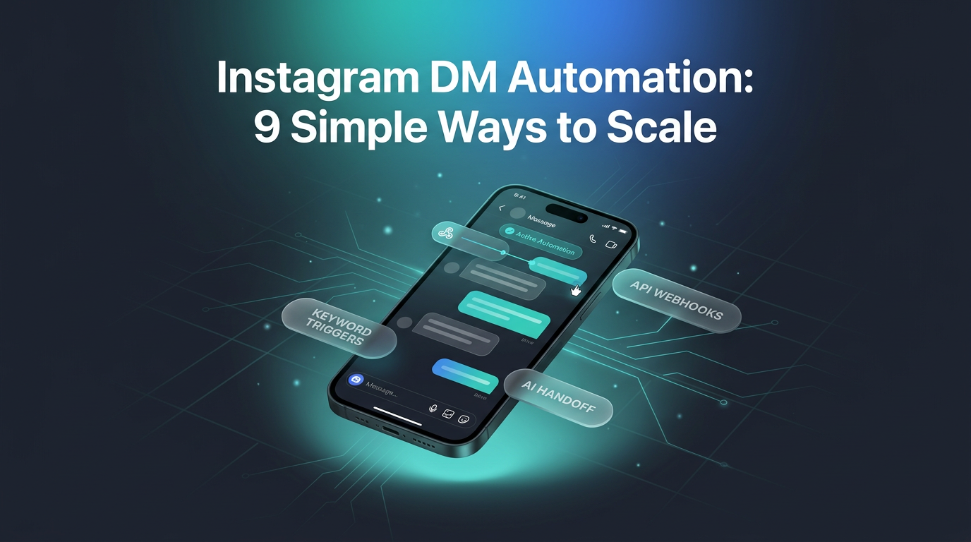 Smartphone interface demonstrating Instagram DM automation with connected trigger tags and workflow nodes.